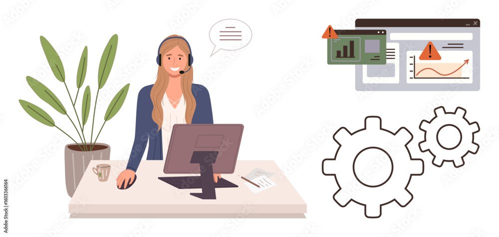 Poster support representative with headphones and computer, troubleshooting error notifications. ideal for 