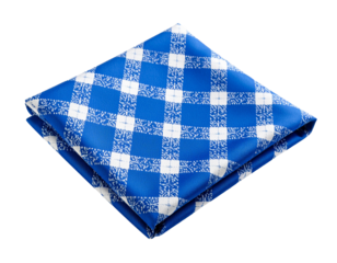 A folded blue and white patterned pocket square, isolated on a white background, an elegant suit accessory.