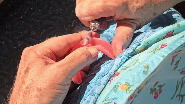 The video shows hands holding a tool gently smoothing the denture before the final polishing stage. 4K video