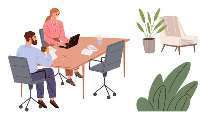 Two colleagues collaborating at a wooden desk with office chairs, a laptop, and papers. Potted plants and a modern chair in the scene. Ideal for teamwork, collaboration, office culture, remote work