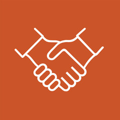 Obraz premium Minimalist vector icon of a handshake symbolizing agreement and cooperation, depicted in white line art on a solid orange background