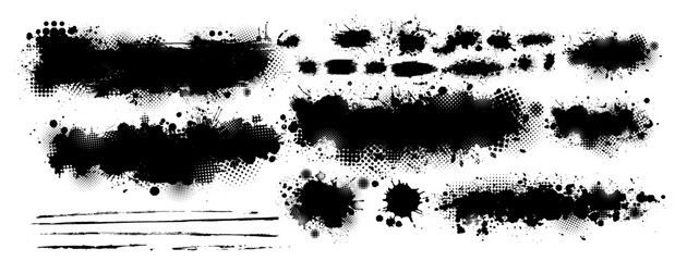 Set of blots. Splatter Paint Texture . Black Spray Blot of Ink. Place illustration Over any Object to Create Grungy Effect . hand drawn. Not AI, Vector.