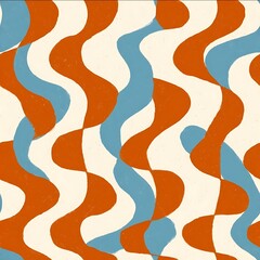 distorted checkerboard in burnt orange and cream with handdrawn surf blue wave squiggles seamless repeat playful retro surf vibe.