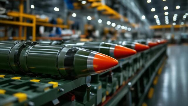 Military missile assembly line showcasing advanced technology and precision production in a well-lit facility
