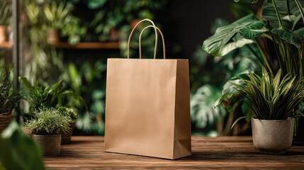 Kraft Paper Shopping Bag Mockup on Wooden Table with Greenery