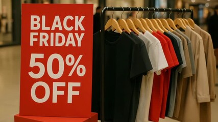 Exciting Black Friday sale with 50 percent off on trendy clothing in a busy shopping mall