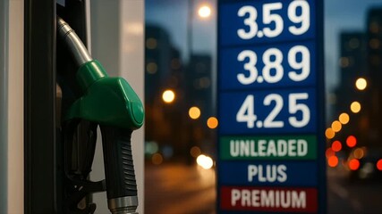 Fuel prices displayed at a gas station in an urban setting during twilight hours