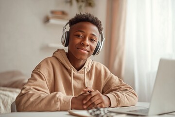 Young African American boy wearing headphones is sitting at a desk with a laptop, smiling confidently, showcasing a modern learning environment and engagement with technology