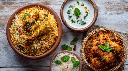 Top view of delicious North Indian food Hydrabadi chicken biryani Dum Biriyani Chicken pulao seasoned with mint leaves basmati rice herbs raitha for Ramadan Kareem Eid Ul Adha Kerala special rice