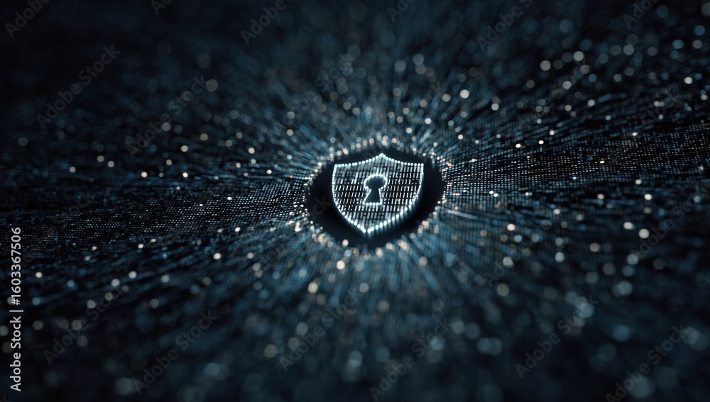 Poster a digital shield with a keyhole icon floating in the center, surrounded by binary code and a dark ba