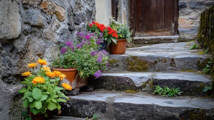 Fototapeta premium Rustic steps with colorful flowers