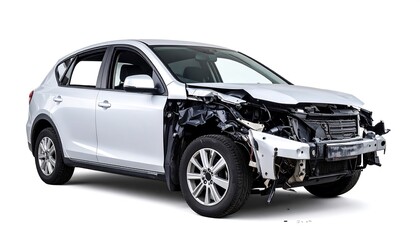 Crashed silver SUV on white background