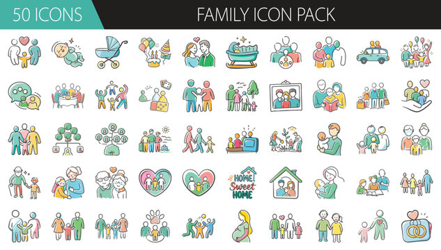 Family Icon Pack with 50 Parenting and Relationship Elements - A heartwarming collection of 50 cartoon-style family icons, featuring parents, children, activities, love, and caregiving symbols 