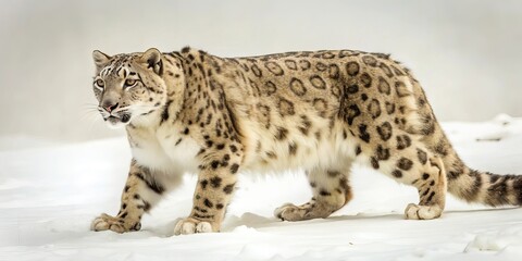 Obraz premium Snow leopard walking in snow wildlife animal predator cat feline wild nature isolated on white background