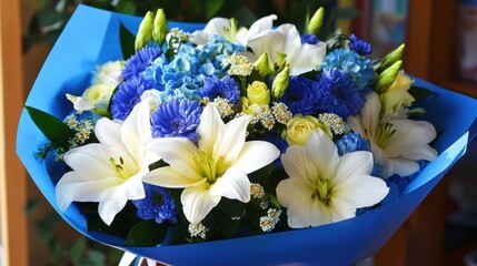 Bouquet of white lilies and blue flowers