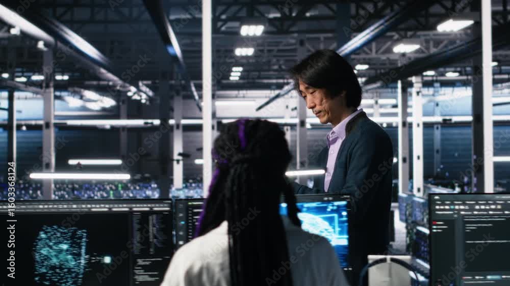 Poster data center manager supervising developer using device to monitor neural network ai llms. team leade
