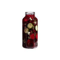 Refreshing Detox Drink in Glass Bottle with Berries, Cucumber, and Flowers