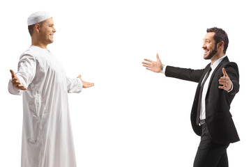 Businessman meeting a middle eastern friend in ethnic clothes