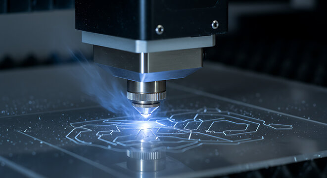 Laser Engraver Machine in Action Cutting a Geometric Pattern into Acrylic Plate