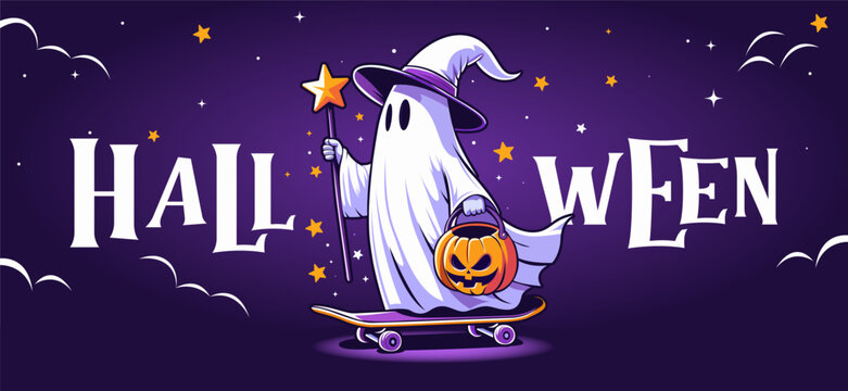 Happy Halloween banner, card, flyer template. Halloween background design illustration. Halloween party greeting card. Halloween Promotion Poster. Spooky invitation card. Holiday cartoon character