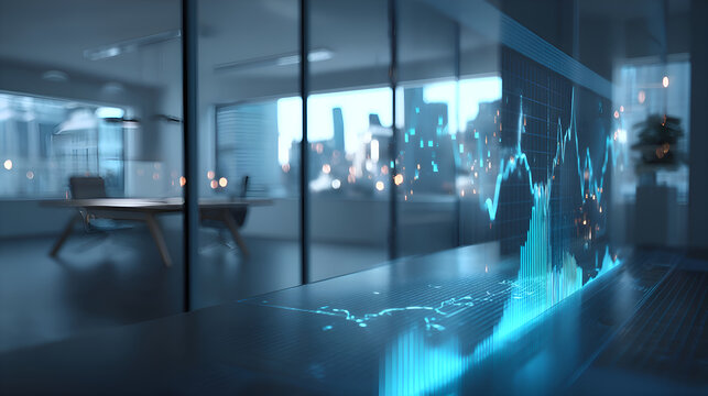 Futuristic business office showing interactive financial charts and data visualization - Powered by Adobe