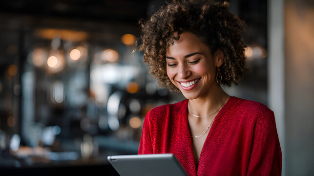 Smiling businesswoman using digital tablet in modern restaurant