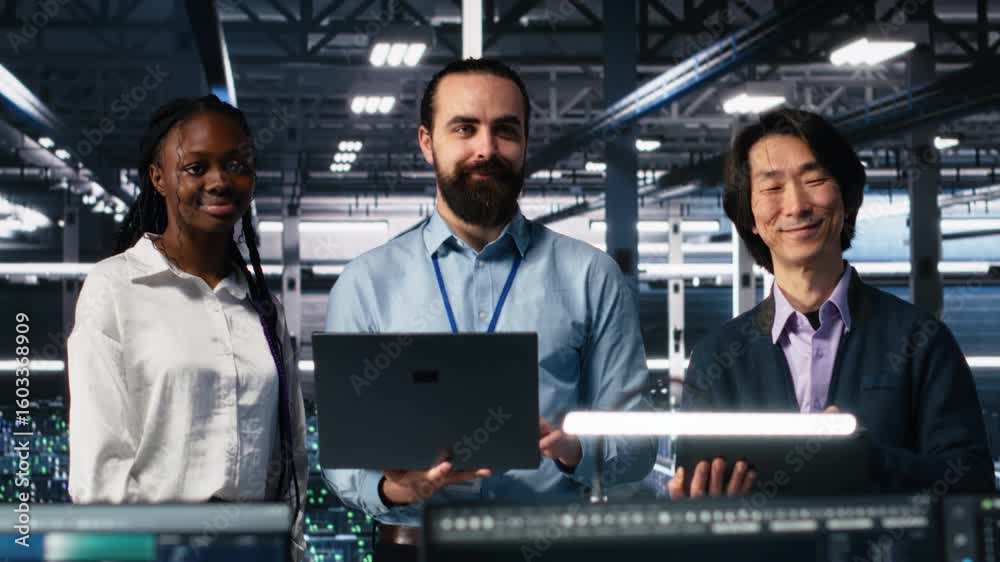 Poster portrait of smiling engineers in data center code with generative ai assistance. happy it experts do