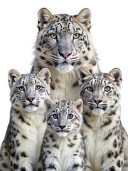 Fototapeta premium Snow leopard family portrait cute baby cubs white background wildlife animal isolated on white background
