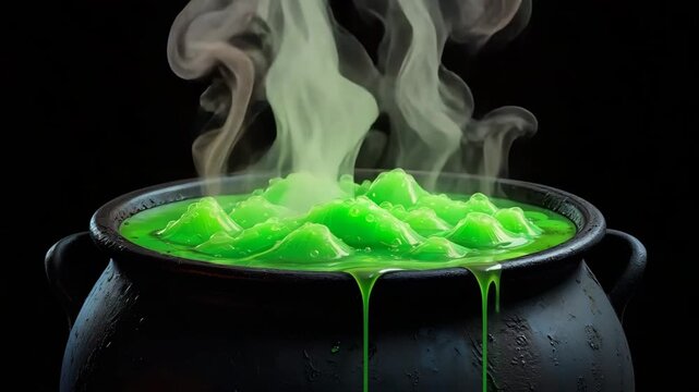 Vibrant green potion bubbling in a dark cauldron with steam rising in the air during a mystical evening