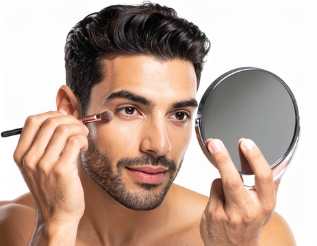 Man Applying Makeup with Brush & Mirror - Isolated on White Background