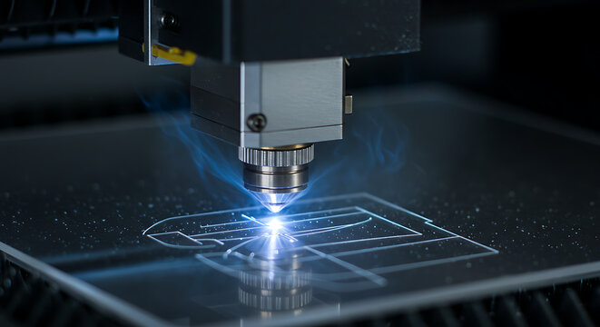 Laser Engraver Machine in Action Cutting a Geometric Pattern into Acrylic Plate - Powered by Adobe