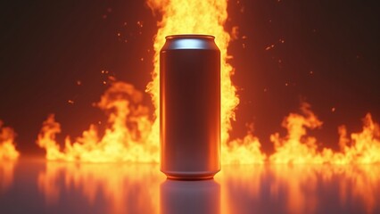 A can of beer is engulfed by flames.