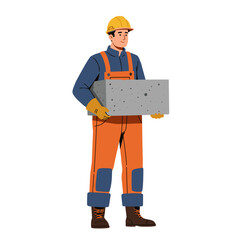 Construction worker carrying concrete block in safety gear, transparent background, isolated, vector  
