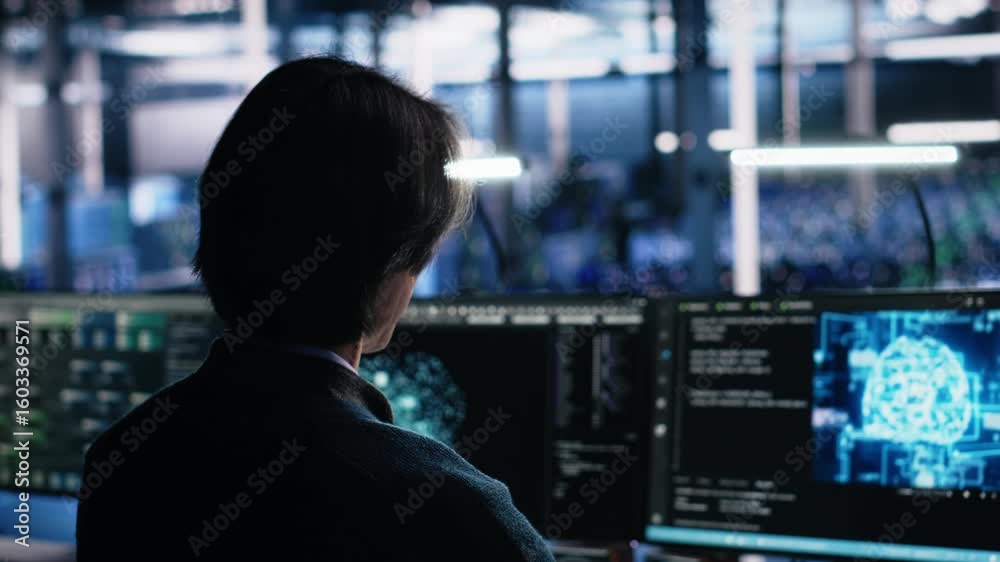 Poster data center system administrator working on artificial intelligence neural network software developm