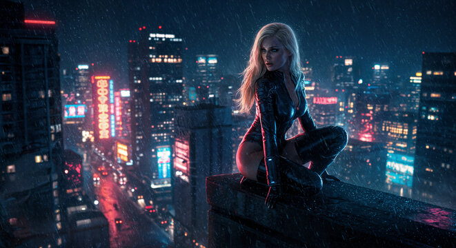 A captivating woman sits atop a skyscraper in a vibrant neon-lit city at night.