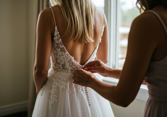A bridesmaid's hands carefully buttoning up the intricate lace back of a white wedding dress on a blonde bride, capturing a tender moment before the ceremony.