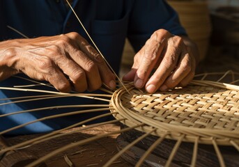Very close-up shot of a craftsman's hands carefully weaving natural rattan or bamboo strands, showcasing the intricate details and texture of a handmade basket.