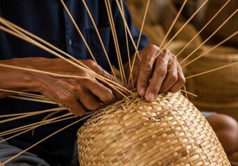 Close-up of experienced hands meticulously weaving natural rattan or bamboo strips into an intricate basket, highlighting the traditional craftsmanship and manual process.