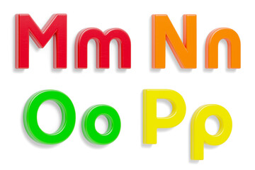 Colorful Angled Uppercase and Lowercase Magnetic Plastic Letters M through P With Drop Shadow on a Transparent Background. Transparent PNG.