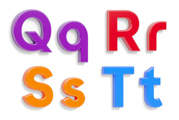 Colorful Angled Uppercase and Lowercase Magnetic Plastic Letters Q through T With Drop Shadow on a Transparent Background. Transparent PNG.