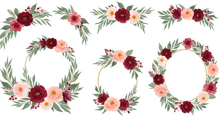 Elegant floral wreaths and borders with burgundy and blush roses