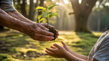 Cultivate the future with intergenerational hands planting a seedling and hope outdoors