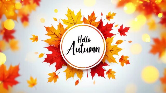 Hello autumn greeting, colorful fall leaves, seasonal frame design, maple foliage circle, autumn background, vibrant nature border, harvest time theme, seasonal celebration