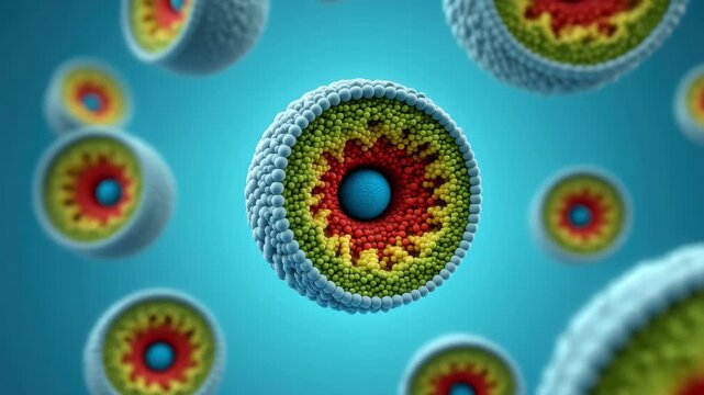 Liposome molecular structure, layered lipid spheres, nanotechnology system, drug delivery model, skincare innovation, colorful biomolecules, microscopic design, pharmaceutical carrier