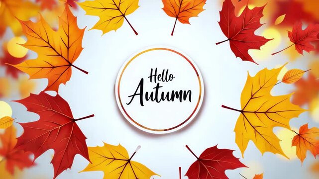Hello autumn greeting, colorful fall leaves, maple foliage circle, seasonal frame background, autumn nature border, vibrant leaf pattern, harvest season design, warm tone composition, festive decorati