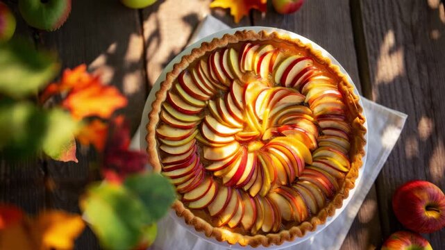 Autumn apple tart, rustic fruit dessert, spiral sliced apples, fall baking scene, flaky pastry shell, seasonal harvest treat, homemade sweet pie, cozy outdoor table, orchard inspired dessert
