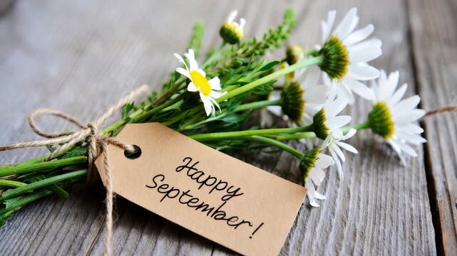 Happy September message, rustic bouquet of daisies, seasonal greeting tag, wildflowers on wooden table, autumn arrival symbol, cozy countryside decor, handwritten note, fall mood setting