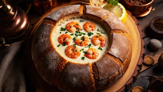 Shrimp chowder in bread bowl, creamy seafood soup, rustic dinner setting, warm comfort food, artisan loaf presentation, hearty autumn meal, gourmet shellfish dish, cozy culinary scene
