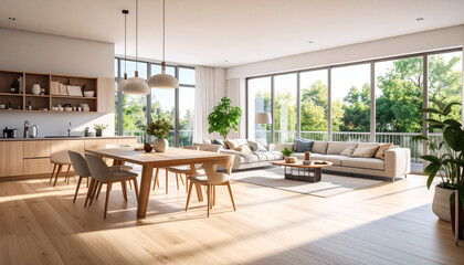 Modern open-plan living room and kitchen with large windows overlooking trees, similar to previous interior images but distinct in angle/lighting