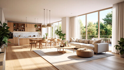 Modern open-plan living room and kitchen with large windows overlooking trees